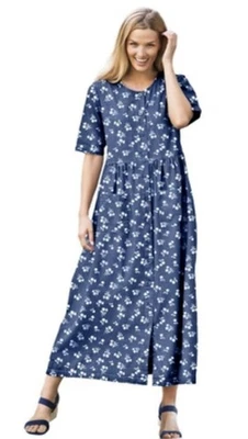 WOMAN WITHIN 16 W Button-Front White on Denim Floral Dress Cottage Farm - Image 1 of 4