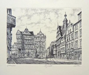 GRABADO FIRMADO DÉCADA DE 1960 Richard ADLER Giessen Marketplace Alemania Listado Artista ARTE - Imagen 1 de 6