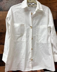 Magaschoni Oversized Shirt White Blouse Large Front Pockets Gold Buttons NWT S - Picture 1 of 5