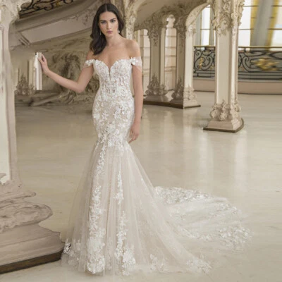 Sexy Mermaid Wedding Dresses Off Shoulder Sweep Train Lace Applique Bridal Gowns - Image 1 of 4
