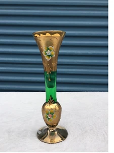 Vintage Green Gold Glass Bud Floral Vase 10" - Picture 1 of 11
