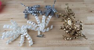 CURLY RIBBON FORAL PICKS With Attached Clip Lot of 6 Gold-Silver-White Glitter