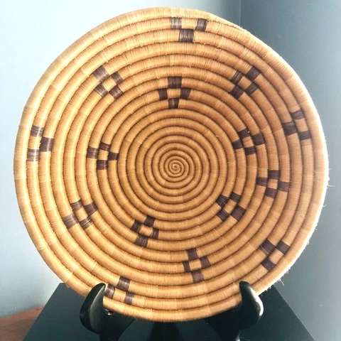 VTG HAND WOVEN Tribal COIL Grass 11" HANGING BASKET  Mauve & Natural Wheat Color Cover