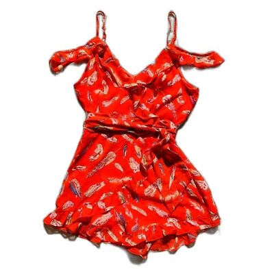 Papaya Ruffled Faux Wrap Spaghetti Strap Romper w/Multi Color Feather Print Sz L - Image 1 of 4