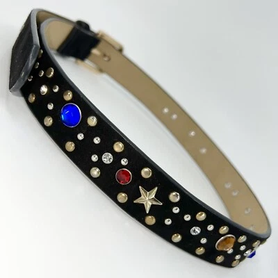 VINTAGE RHINESTONE STAR STUDDED BELT BLACK VELVET METAL DISCO ROCKER GLAM PUNK - Image 1 of 4