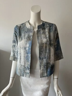 Chaqueta Corta 3 SISTERS Azul Beige Estampado Abstracto Manga 3/4 Frente Abierto Lino M Foto 1 de 4