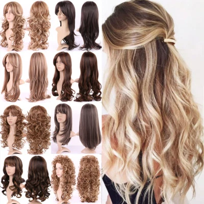 Women Ladies Brown Blonde Wig Long Hair Curly Straight Bangs Full Wigs Glueless - Image 1 of 4