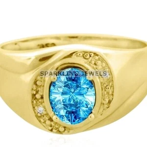 Flawless Blue Topaz Oval Cut With 925 Silver Gold Plated Ring For Men #B414 # - Picture 1 of 6