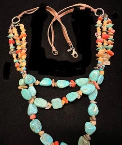 Vintage Peyote Vogel 3 Strang Türkis Stil Halskette mit Sterling, Leder - Bild 1 von 6