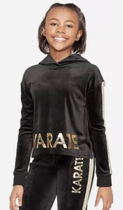 Nwt Justice Velour Glitter Stripe Karate Sports Sweatshirt Black Size 6 - Picture 1 of 3