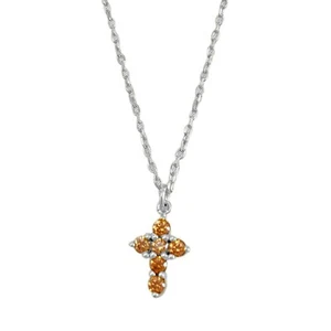 14K White Gold Plated Silver Round Citrine Tiny Cross Pendant Summer Sale - Picture 1 of 1