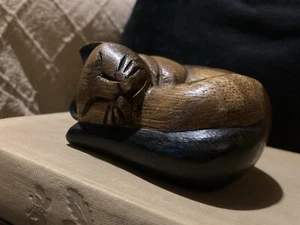 Vintage hand Carved Wooden Sleeping Cat Figure Curled Up - Picture 1 of 6