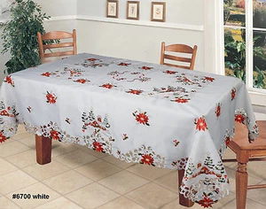 Holiday Embroidered Christmas Tree Poinsettia Tablecloth & Napkins White 6700W - Picture 1 of 12
