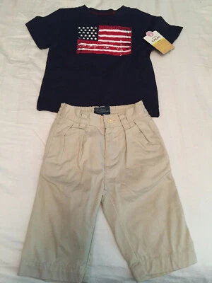 Ralph Lauren Khaki Pants 9 mos + Carter's Blue USA Flag T-shirt -- NEW - Image 1 of 4
