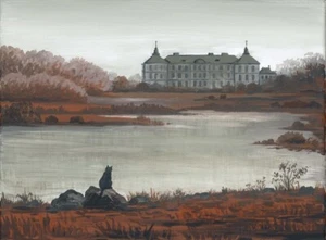 ACEO print of painting Ryta landscape Halloween black cat Pidgirtzi Castle art - Picture 1 of 1