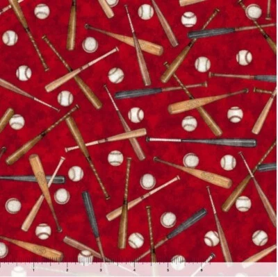 BaseBalls Cotton Quilt fabric Quilting Treasures Bats Balls on REd 1-1/8 yards - Image 1 of 4