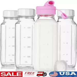 4 Pack 16 Oz Glass Milk Bottles W/ Silicone Dispenser Airtight Juice Containers - Picture 1 of 7