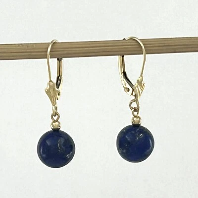 14k Yellow Solid Gold Leverback 8-8.5mm Lapis Lazuli Bead Dangle Earrings - Image 1 of 4