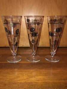 VTG Libbey Set Of 3 Black Pilsner Gold Coins Hurricane Stem Drinking Glasses - Picture 1 of 4