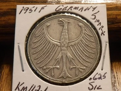 1951-F Germany - 5 Mark ~ 62.5% Silver Coin ~ KM#112.1 - Image 1 of 3