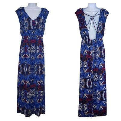 Everly Womens Maxi Dress Size M Blue Red Sleeveless Scoop Back High Waist Lined - Image 1 of 4