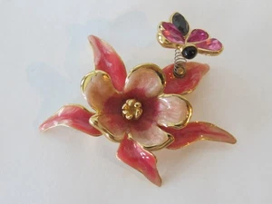 Vintage Signed BOB MACKIE Enamel Flower Brooch Pin & Trembler Butterfly B3 - Picture 1 of 4