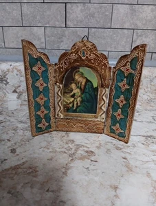 Italia Florentino Madera Artesanal Tríptico Virgen Niño Jesús Dorado De Colección - Imagen 1 de 10