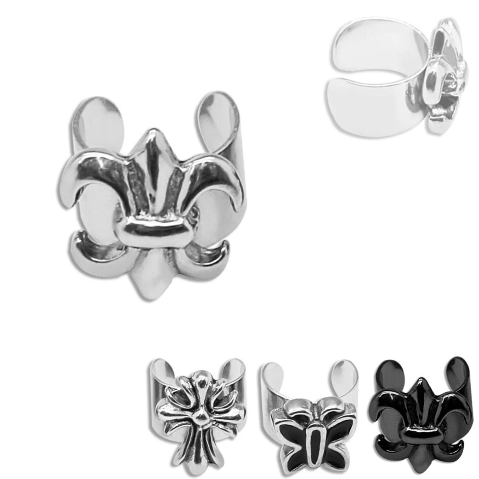 Ohrklemme mit Motiv Lilie Kreuz Schmetterling silber schwarz Ear cuff Edelstahl - Bild 1 von 1