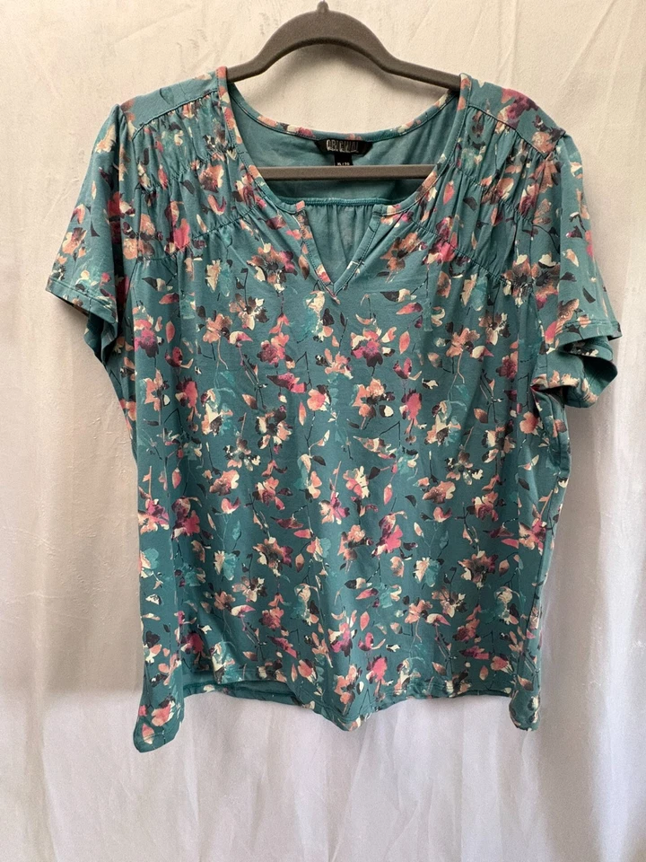 Top Nicole Miller para mujer talla XL verde azulado con patrón floral SS V cuello fluido Foto 1 de 4