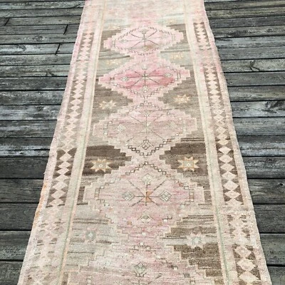 3'5"X 12'4" Pink Brown Vintage Runner Rug | Faded Entryway Runner Rug| Handmade Foto 1 de 4