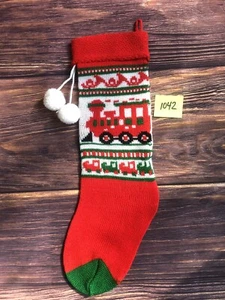 Vtg Acrylic Knit 17” Christmas Stocking Train Design Pom Poms Red White Green - Picture 1 of 5