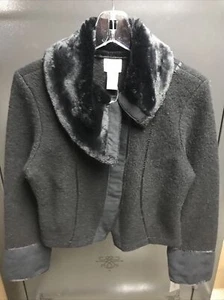 Kenji 100% Wool Asymmetrical Faux Fur Collar Snap Front Blazer Jacket Large NWT - Picture 1 of 12