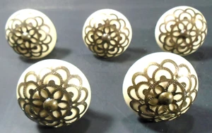 Vtg Off White Ceramic with Brass Filigree Door Knobs, Set of 5 - Picture 1 of 4