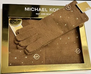 Michael Kors 3-teiliges Set SCHAL, MÜTZE & HANDSCHUHE dunkel Kamel NIETEN mit Geschenkbox - Bild 1 von 6