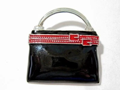 BOLSO ESMALTADO ESMALTE NEGRO CON CINTURÓN ROSA ACENTO BROCHE PRENDEDOR CONTEMPORÁNEO FIRMADO Foto 1 de 2