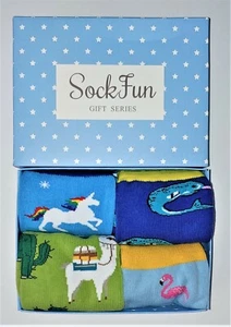 4 Pack Color Cotton Socks Funny Gift box unicorn, flamingo, shark, camel. New!  - Picture 1 of 3