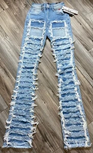 RED FOX WOMEN'S STACKED FRAYED HEAVY DENIM JEANS PANTS PA4436 (LT BLUE) - Picture 1 of 6