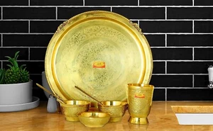 Brass Dinner Thali Set - 7 Pieces Engraved Design Dinnerware - Picture 1 of 6