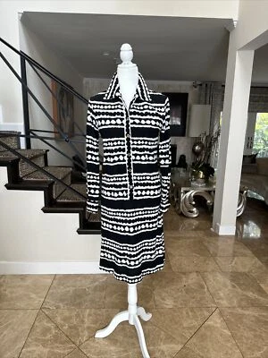 Vestido Camisa Jersey Bonwit Teller Vintage Años 70 Blanco y Negro Estampado Gráfico Talla S Foto 1 de 4