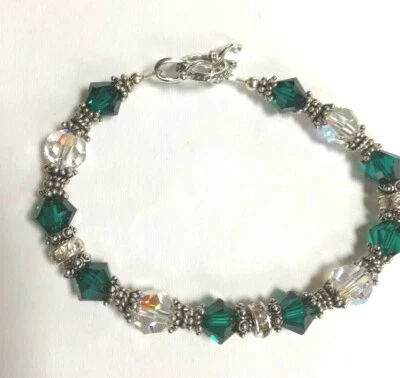 EMERALD GREEN COLOR, SILVER, RHINESTONE BRACELET, Made with Swarovski Crystals  - Image 1 of 3