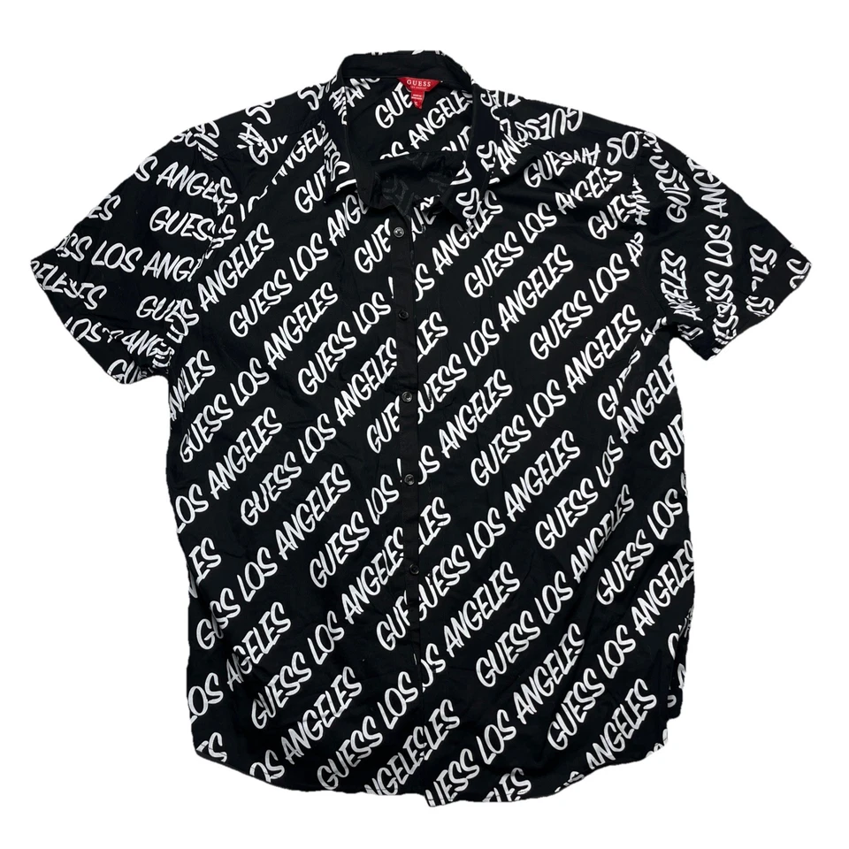 Vintage Guess Los Angeles Button Down Shirt All Over Logo Black/White -Womens XL - Image 1 of 4