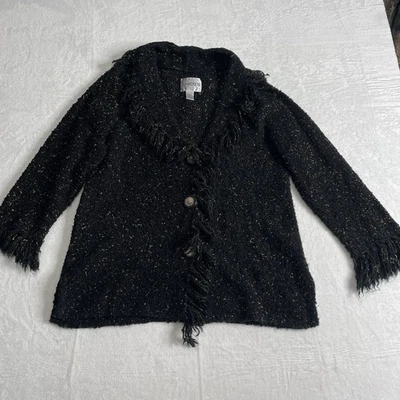 Chicos Cardigan Sweater 2 M Black Fringe  Knit Button Front Made In Hong Kong - Image 1 of 4