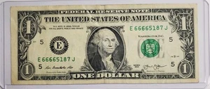 Lucky 6666 1 $ One Dollar Schein Fancy Seriennummer SN: E66665187J Serie 2013 - Bild 1 von 2