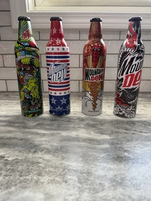 4 Mountain Dew Green Label Art Aluminum Bottles Cans 16 oz 2008 And 2009Unopened - Image 1 of 4