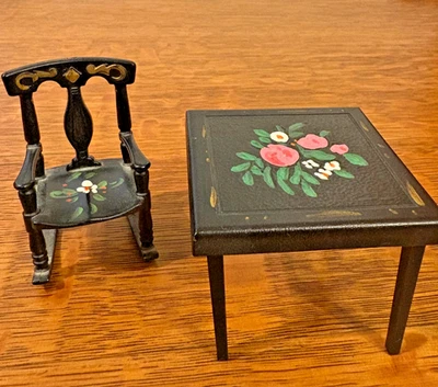 Vintage Renwal Black with flowers Folding card table and rocking chair - Image 1 of 3