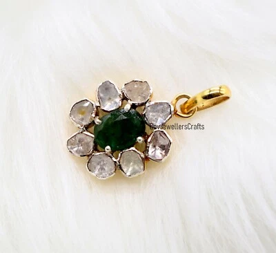 925 Sterlingsilber Smaragd & natürliche Polki Diamant Scheibe Anhänger Geburt... - Bild 1 von 4