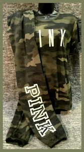 Victoria's Secret Pink Camo SS Tee Shirt + Pants Olive Green White Logo L XL NWT - Picture 1 of 12