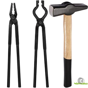 Beginner Blacksmith Tongs Set Wolf Jaw Plus V-bit Tongs and Handmade Hammer 3pcs - Picture 1 of 8
