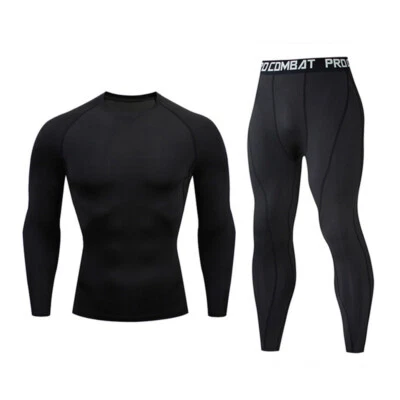 Mens Sports Tracksuit 2PCS Leggings Long Sleeve Shirt Cool Dry Compression Set - Image 1 of 4