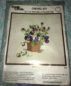 Family Circle Crewel Kit Pansies 14 x 14 Picture or Pillow Top 1974 Vintage  - Picture 1 of 2